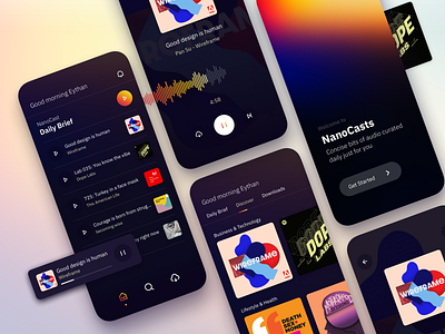 Exploration 005: NanoCasts app audio clean dark dark mode design gradient interaction interface ios mobile ui podcast podcasts ui user experience ux