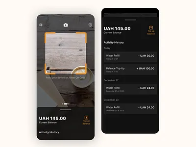 Water Refill Recent Activity activity balance camera design figma interaction overlay qr code qrcode refill transactions ui ux water