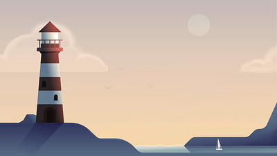 Lighthouse beach design geometric gradient illustration landscape lighthouse minimal ocean oceans sea seagull sunset