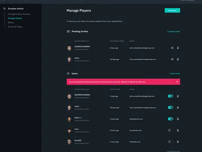 Shadow Admin - User Management admin admin panel esports game app user management