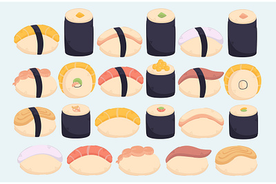 Japanese Food Different Types Illustration Set asian cartoon delicious food illustration japanese sushi traditional type vector