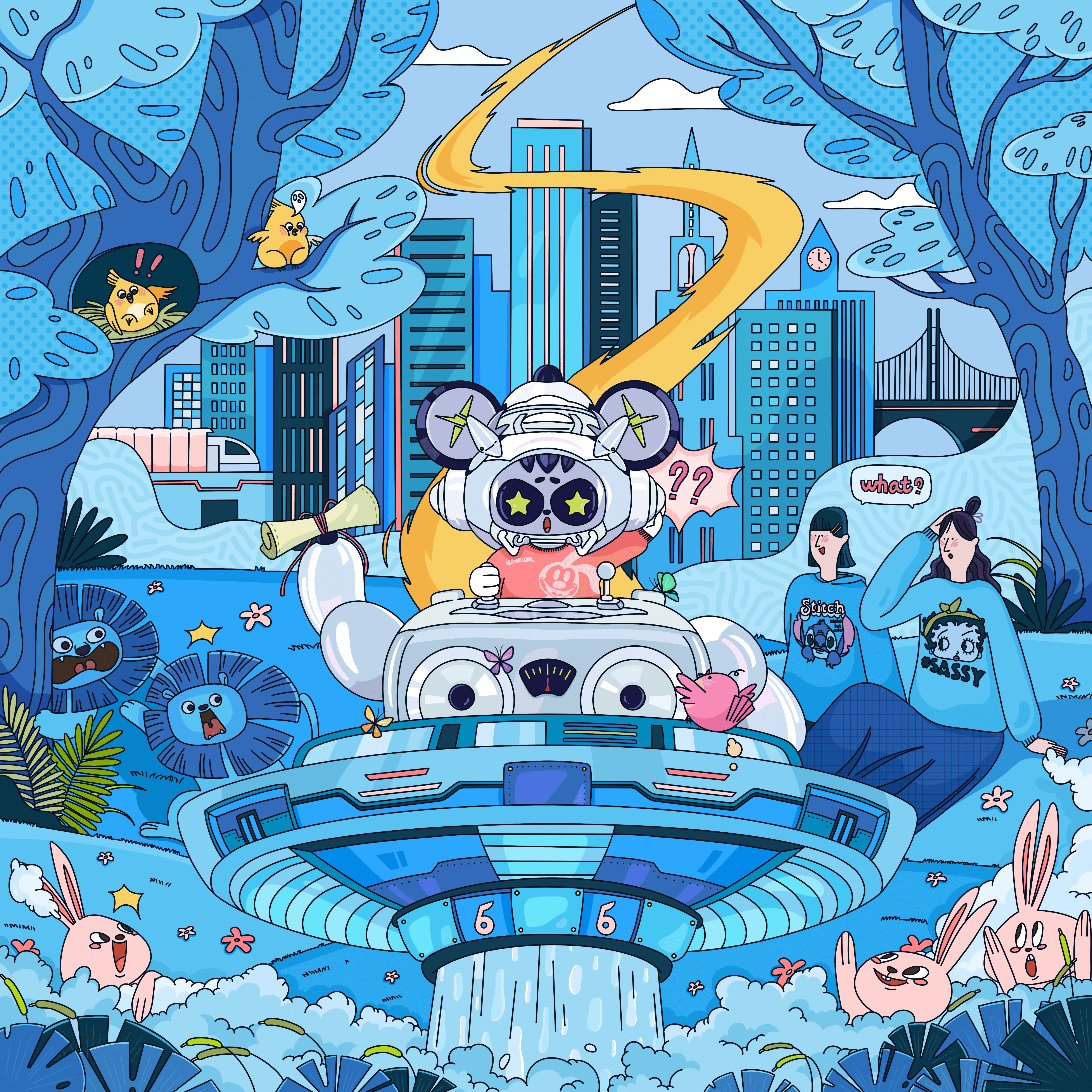 "Tmall + ONLY"H5 Illustration Design - 1 bird cartoon charachter design city forest h5 illustration ip lion machine natural rabbit spaceship technology