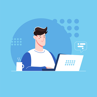 Character behind laptop adobe illustrator character coffee cup illustration laptop man message person vector