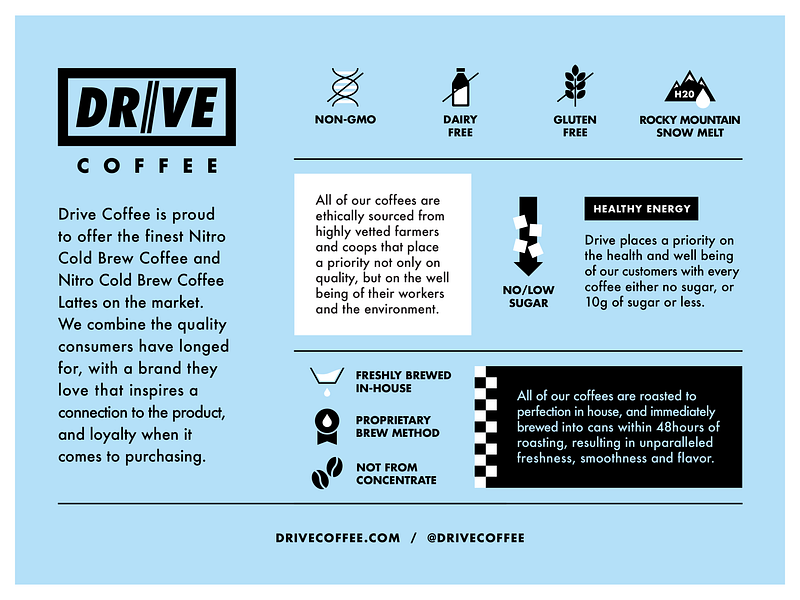 Drive Coffee Product Sheet automotive brew car coffee dairy free drive gluten free gmo icons illustration print product