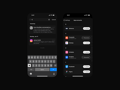 Notife – Settings & interactions app black cards clean dark dark mode design hub integrations interaction ios minimal mobile mobile app modern native notification settings ui ux