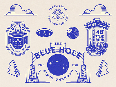 The Blue Hole badge design badges branding design illustration infinity logo retro roadside signage tourist trap typography vector