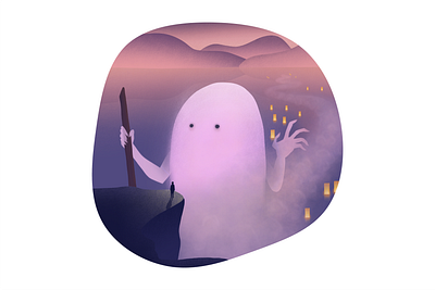 A Visit creature cute fantasy ghost illustration japan japanese lanterns magical procreate sea spirit twilight