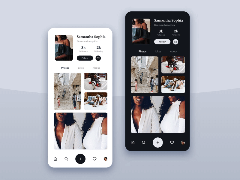 Photo Sharing App animation dailyui dark mode dark theme ui design interaction design mobiledesign photoapp photography uiux