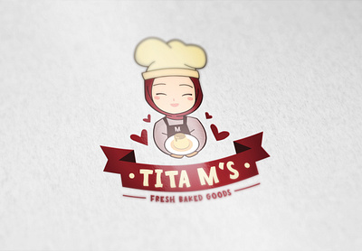 Tita M's Fresh Bake Goods Logo adobe baker bakery branding design flan flat girl hearts illustration illustrator logo minimal mockup muslim muslima packaging pastry photoshop