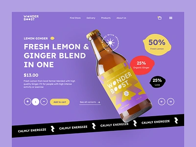 Wonder Boost - Landing Page activity agency booster bottle brand branding checkout design drinks energy drinks fruits goods graphic design healthy healthy drinks landing page mockup product purple website