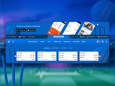 Cricket Web Header app ball cricket design header icon illustration matches menu minimal navigation scores sports stumps ui ux vector web website