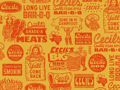 Cecil's Brand Elements (1/4) badge bbq branding cowboy design graphic design illustration logo logos pattern restuarant resturant retro texas travis pietsch vintage western woodcut