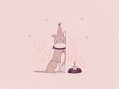 Happy New Year 2021 animal cute dog happy new year happydog happynewyear illustration illustration art muttdog newyear pet pink plants procreate art puppy simple illustration