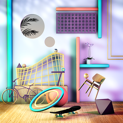 Abstract Balance Room 3d abstract bike cgi chair piramid plant room skateboard sphere