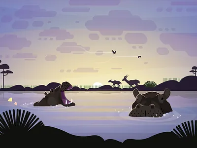 Hippos in a watering hole 2d african game drive hippo illustration landscape memory mindfulness safari springbuck sunset watering hole wellbeing