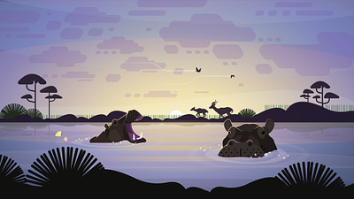 Hippos in a watering hole 2d african game drive hippo illustration landscape memory mindfulness safari springbuck sunset watering hole wellbeing