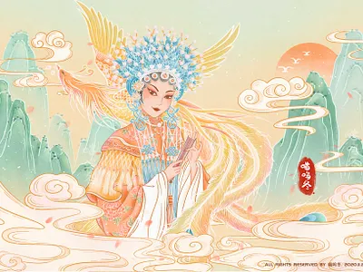 Chinese Beijing opera illustration-Chinese style 中国国潮风凤凰与京剧插画 animal art beautiful branding chinese chinese culture chinese style design girls html5 illustration opera page phoenix poster scenery ui