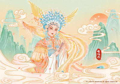 Chinese Beijing opera illustration-Chinese style 中国国潮风凤凰与京剧插画 animal art beautiful branding chinese chinese culture chinese style design girls html5 illustration opera page phoenix poster scenery ui