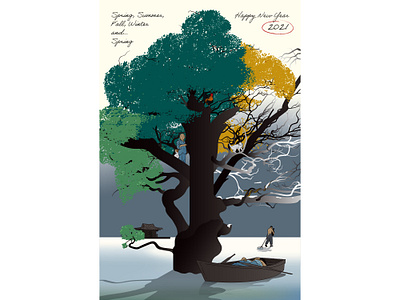 Sring, Summer, Fall, Winter and... Spring 2021 card film flat illustration kim ki duk korean minimal movie poster seasons greetings vector