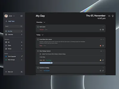 ToDo & Scheduler App | Darkmode app best calendar darkmode dashboard date design desktop manage minimalistic modern nav note organize schedule simple task todo ui work