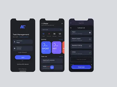 Task management App Dark mode app app development dark app design mobile mobile ui ui