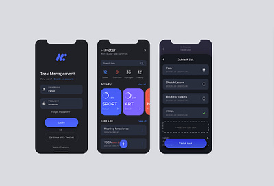 Task management App Dark mode app app development dark app design mobile mobile ui ui