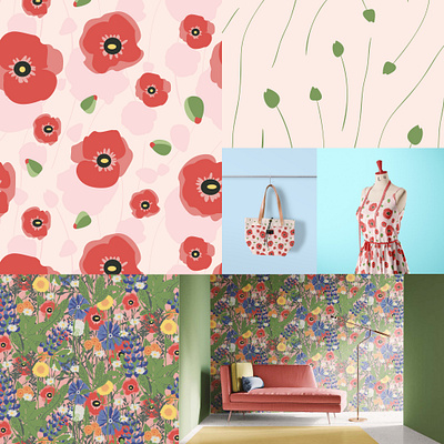 Wildflowers on wallpaper and Poppies on fabric design illustration pattern pattern design poppy repeat pattern wildflower