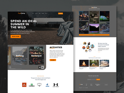 FunCamp Webdesign bonfire brand camp camping campsite design fishing hiking landingpage logo man mountain mountains nature outdoor rafting tent ui ux vector