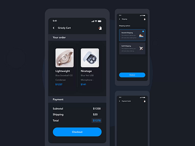 E-commerce Design | Grizzly Mobile App Ui KIt adroid ui kit animated mockup animation article design checkout dark mode ecommerce ecommerce app free ui kit glassmorphism ios ui kit iphone mockup modal options motion payment shipping shopping app ui kit ux design xd ui kit