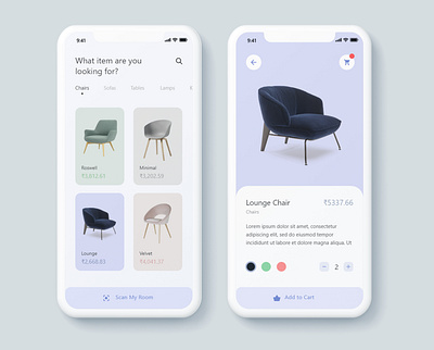 Furniture App UI app design ar app dailyui ecommerce app furniture app interfacedesign ios app minimalist pastel colors simple design ui ux xd