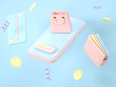 Online payment 3D illustration 3d basket buy now cards cinema 4d coins credit card finances illustration money nice colors octane online payment online shopping render shopping cart wallet