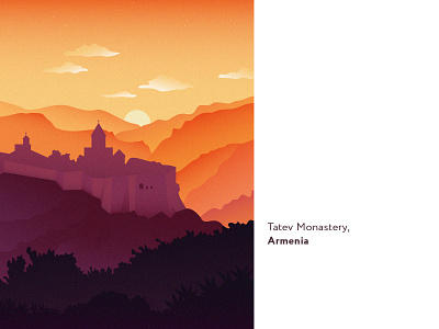 Tatev monastery in Armenia apostolicchurch armenia armenian armenianapostolicchurch armenianart armenianchurch flat illustration illustration landscape monastery mountain mountains nature orange purple sunrise sunset yerevan