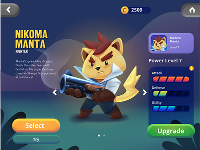 Character select GUI animal branding brawlstars cartoon cat character child cute design game gaming gun mascot mobile game mobile games shot shotgun ux