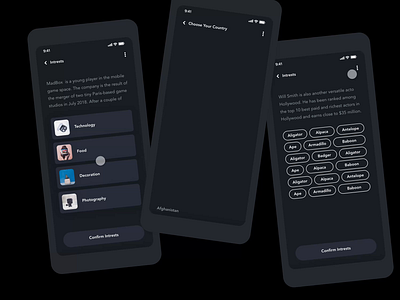 Option List Designs | Grizzly Mobile App Ui KIt adroid ui kit animated mockup animation article design choose dark mode dropdown filters free ui kit george samuel glassmorphism interests ios ui kit iphone mockup motion select ui kit ux design xd ui kit