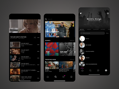 Music Streaming App Design app design artist page creative dark theme design dynamic interface entertainment app hip hop intuitve design listening sessions music genres music player music streaming playlist pop taylor swift station trending videos ui design ux design video streming