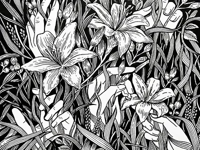 Midnight Lily Bloom artwork black white black and white botanical art floral graphic illustration ink linework monochrome ornament pattern texture