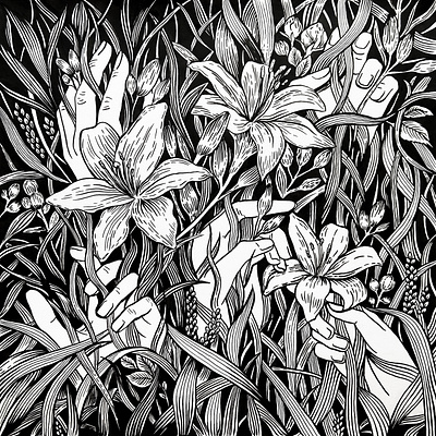 Midnight Lily Bloom artwork black white black and white botanical art floral graphic illustration ink linework monochrome ornament pattern texture