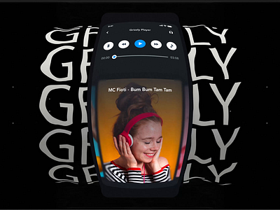 Music Player Design | Grizzly Mobile App Ui KIt adroid ui kit animated mockup animation audio player dark mode free ui kit glassmorphism ios ui kit iphone mockup motion music player next play soundcloud spotify stop ui kit ux design xd ui kit