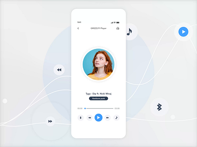 Music Player Design | Grizzly Mobile App Ui Kit adroid ui kit animated mockup animation audio player dark mode free ui kit glassmorphism ios ui kit iphone mockup motion music player next play soundcloud spotify stop ui kit ux design xd ui kit