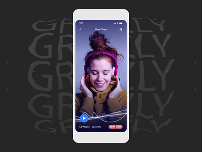 Music Player Design | Grizzly Mobile App Ui Kit adroid ui kit animated mockup animation audio player dark mode free ui kit glassmorphism ios ui kit iphone mockup motion music player next play soundcloud spotify stop ui kit ux design xd ui kit