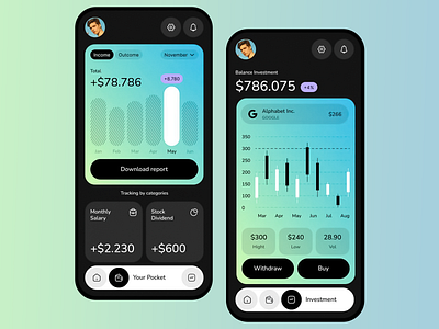 Finance Reporting App app design balance banking budgeting app buying data visualization digital wallet expense tracking finance green theme income investment marketplace money management monthly salary outcome stock ux design uxui withdrawing