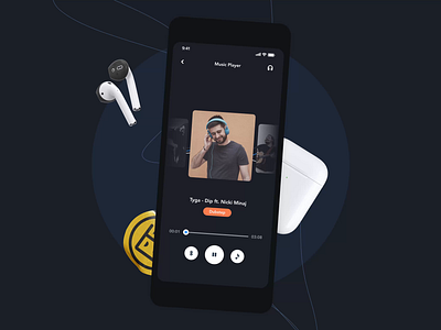 Music Player Design | Grizzly Mobile App Ui KIt adroid ui kit animated mockup animation audio player dark mode free ui kit glassmorphism ios ui kit iphone mockup motion music player next play soundcloud spotify stop ui kit ux design xd ui kit