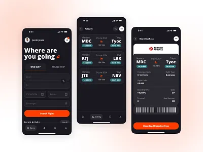 Airline Ticket App darkmode design flightbooking mobileapp ui uidesign ux