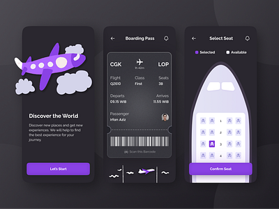 Flight Booking App app app design boardingpass booking app clean dark app dark mode dark theme dark ui flight flight booking app flight search flight ticket glass glassmorphism minimal plane travel app traveling ui design