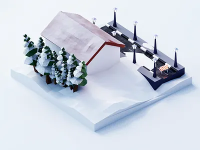 Winter 3d blender blender3d cold house light madebydor road street tree winter
