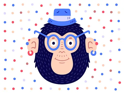 Cute monkey chimp design dotted emblem funny glasses hat illustration logo monkey poster print retro ring t shirt design vector vintage