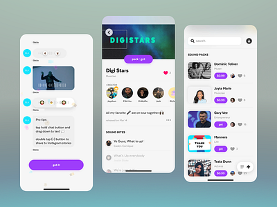 DIGISTARS | Content Creator App app design audio audio app chat content creator content creators digital stars entertainment app mobile app design purple interface quick sharing social media sound app sound bites sound packs unique audio user experience ux design uxui warm color palette