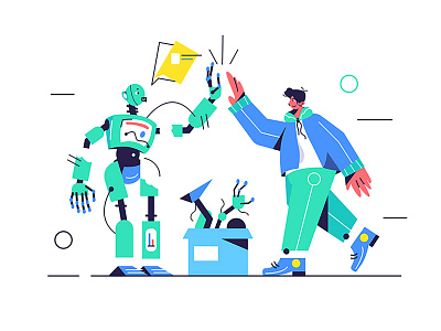 High five with a robot abstract business cartoon character concept face futuristic hand icon intelligence internet machine male man people person robot success technology vector