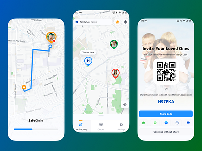 Safe Circle – Stay Connected, Stay Protected Mobile UI Design app branding care childerns design explore family family care family member husband location location share love ones onboarding parental control parenting safe safety share location wife