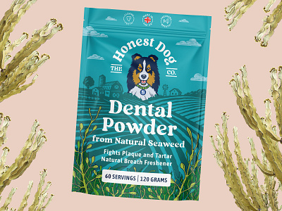 Dental powder packaging design for pet care company dental powder dog drawing graphic design green illustration organic seaweed vintage water